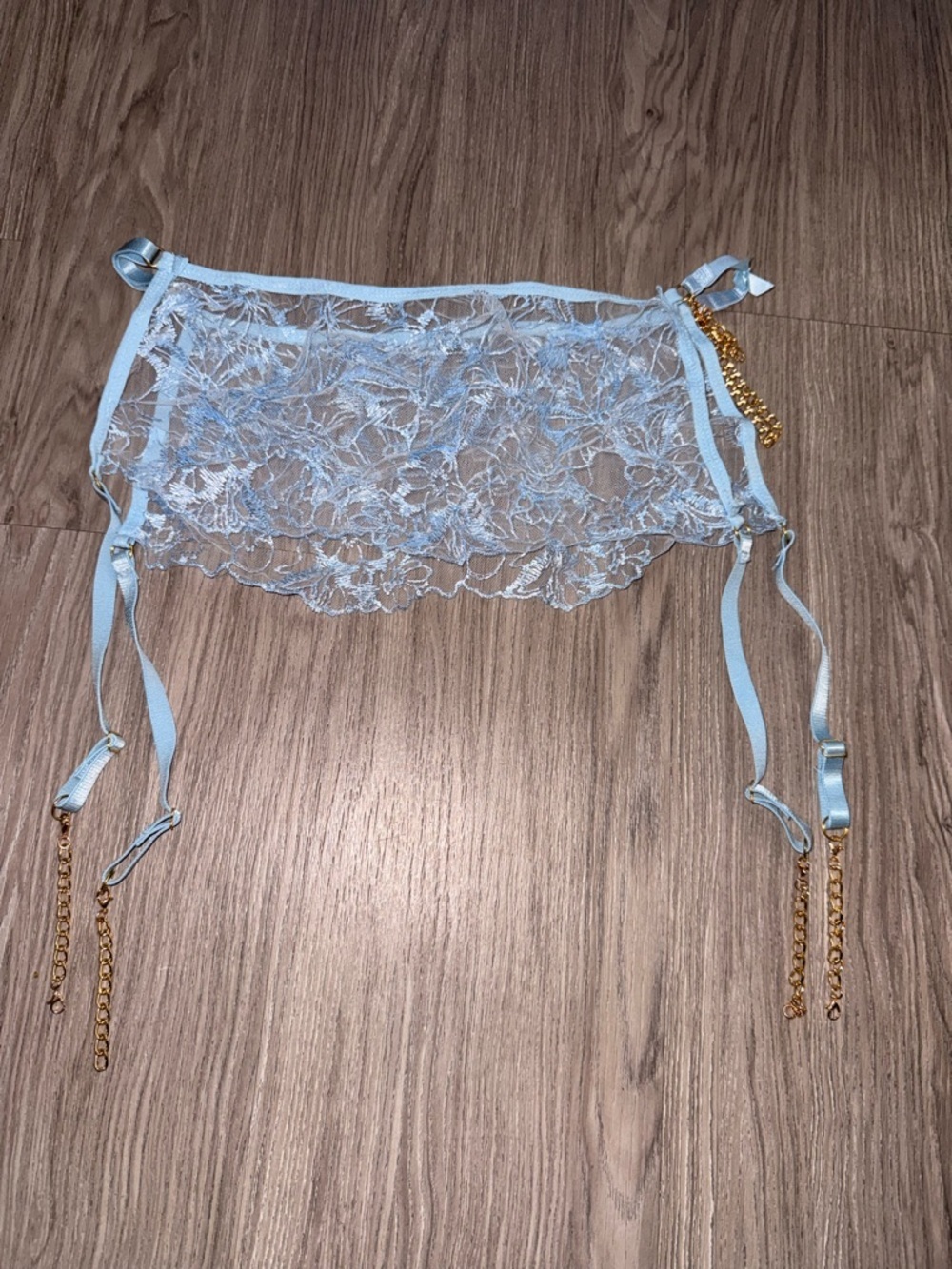 Delicate Light Blue Lace Garter Belt with Gold Chains